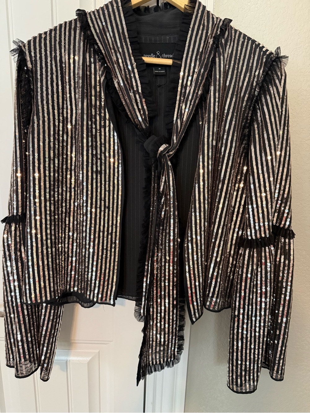 Needle & Thread Black and Silver Sequin Striped Blazer with Tie